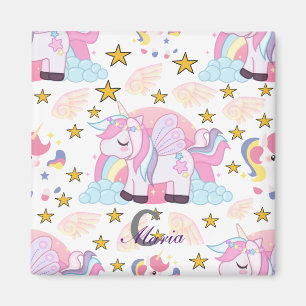 Trendig Rosa Lila Guld Unicorn Namn Monogram Magnet