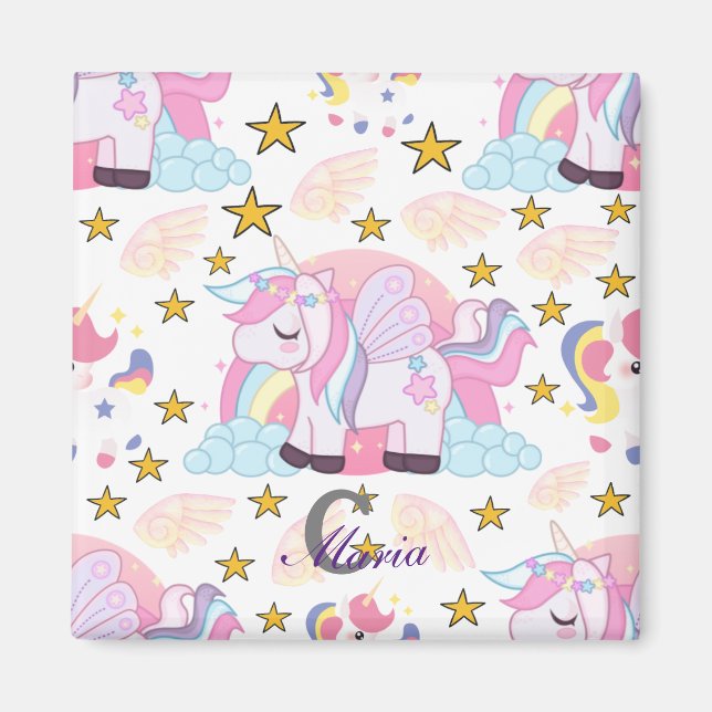 Trendig Rosa Lila Guld Unicorn Namn Monogram Magnet (Framsidan)