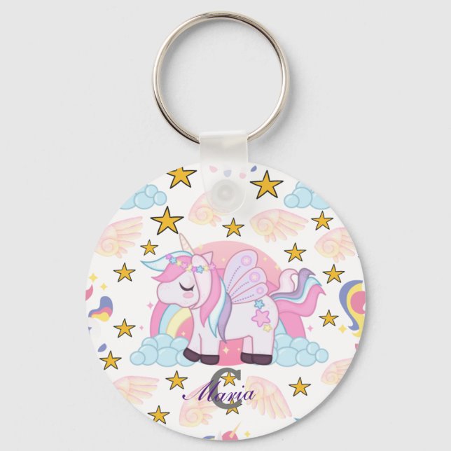Trendig Rosa Lila Guld Unicorn Namn Monogram Nyckelring (Framsida)