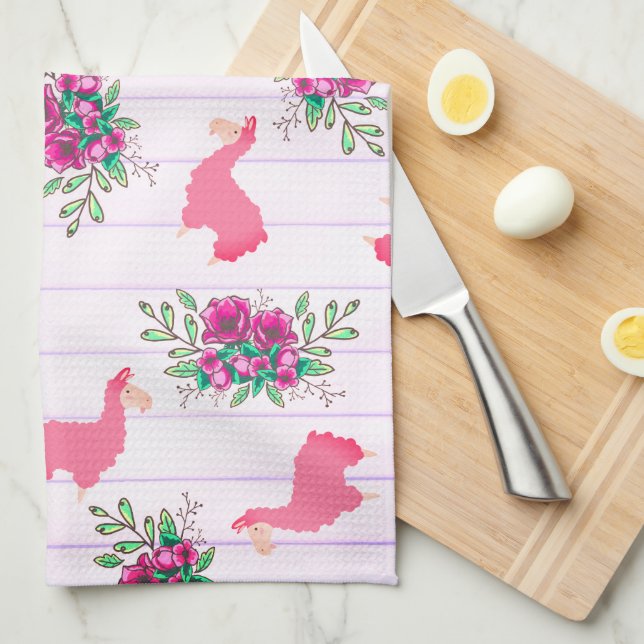 Trendig Rosa Llamas Blommigt Doodles & Rand Kökshandduk (Vikt i Fjärdedel)