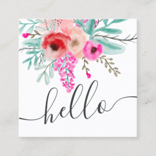 Trendig rosa mint blommigt vattenfärgsskript för fyrkantigt visitkort