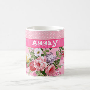 Trendig Rosa Monogram Vintage Blommigt Polka dots Magisk Mugg
