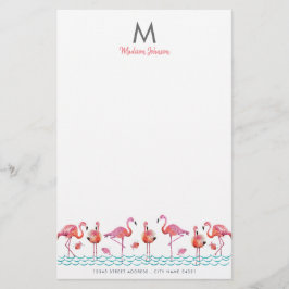 Trendig rosa och blå flamingomonogram-teckning brevpapper