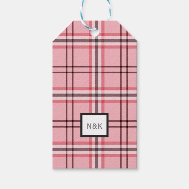 Trendig rosa och grå rutig mode mönster fest presentetikett (Framsidan)