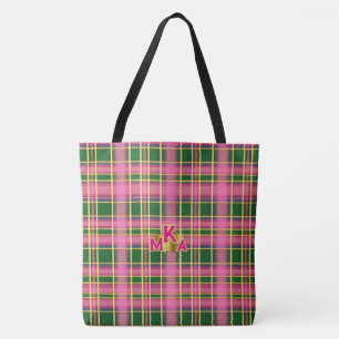 Trendig rosa och grön rutig handväska med monogram tygkasse