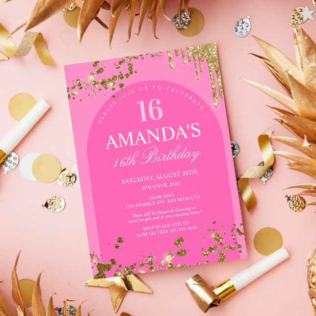Trendig Rosa och Guld Glitter Drip Födelsedag Inbjudningar (Skapare uppladdad)