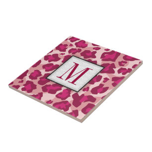 Trendig rosa och leopard monogram kakelplatta