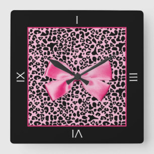 Trendig Rosa och svart Leopard Shock rosa Ribbon Fyrkantig Klocka