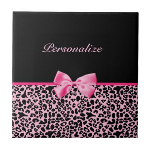 Trendig Rosa och svart Leopard Shock rosa Ribbon Kakelplatta