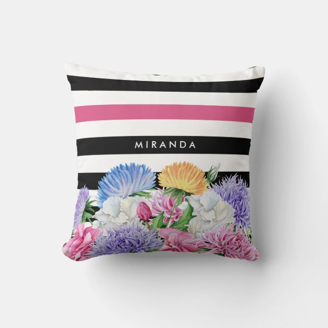 Trendig Rosa och svart Rand Blommigt med Namn Kudde (Framsida)