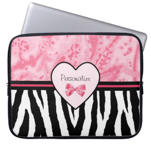 Trendig Rosa och svart Zebra mönstrad Bow och Namn Laptop Fodral