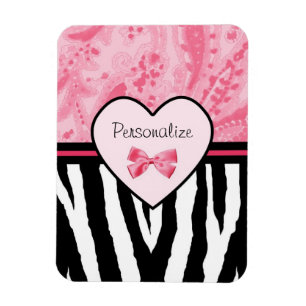 Trendig Rosa och svart Zebra mönstrad Bow och Namn Magnet