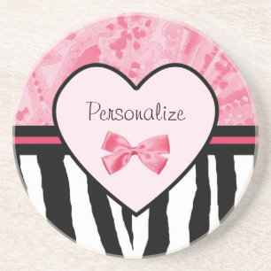 Trendig Rosa och svart Zebra mönstrad Bow och Namn Underlägg Sandsten