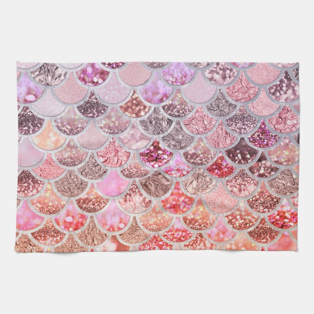 Trendig Rosa Ombre Glitter Sjöjungfru Fish Scales Kökshandduk (Horisontell)