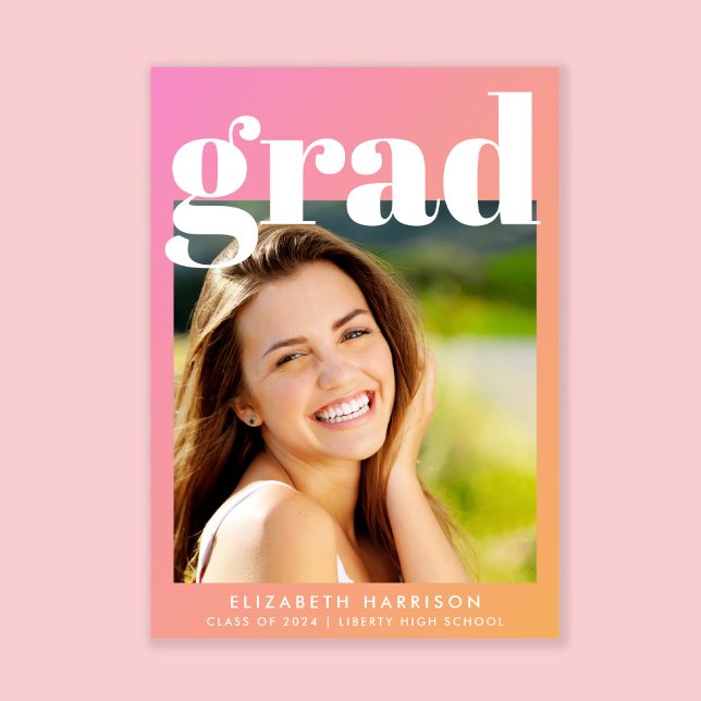 Trendig Rosa Orange Photo Studentfest Inbjudningar (A modern photo graduation party invitation to celebrate the graduate's achievements)