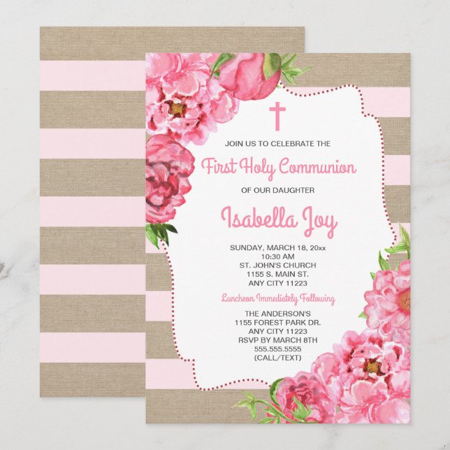 Trendig Rosa Peonies First Heliga Communion canvas Inbjudningar (Fram/baksida)
