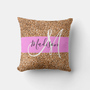 Trendig rosa & pumpa glittergnistande monogramnamn kudde