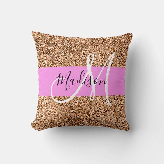 Trendig rosa & pumpa glittergnistande monogramnamn kudde (Framsida)