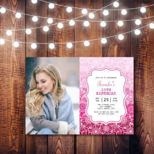 Trendig Rosa Rand Blommigt Ram Photo Birthday Inbjudningar