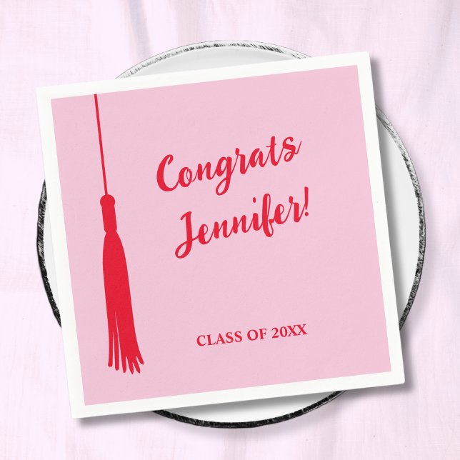 Trendig Rosa & Red 2024 Grad Tassel Studenten Pappersservett (Trendy Pink & Red 2024 Grad Tassel Graduation Napkins)