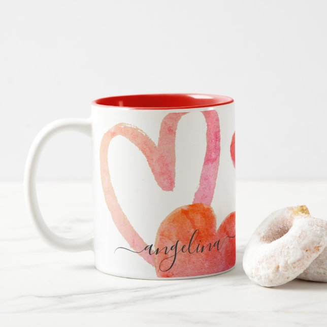 Trendig Rosa & Red Hearts Monogram Valentiness Two Två-Tonad Mugg (Med munk)