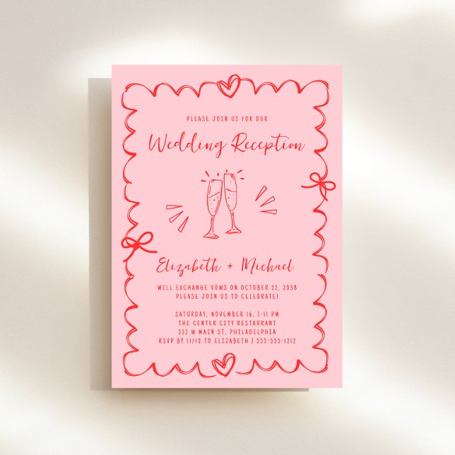 Trendig Rosa Red Vågigt Ram Bröllopsmottagning Inbjudningar (Whimsical pink + red wedding reception invitation to set the tone for an unforgettable event)