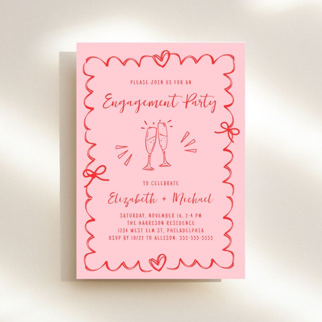 Trendig Rosa Red Vågigt Ram Förlovningsfest Inbjudningar (Whimsical pink + red engagement party invitation to set the tone for an unforgettable event)
