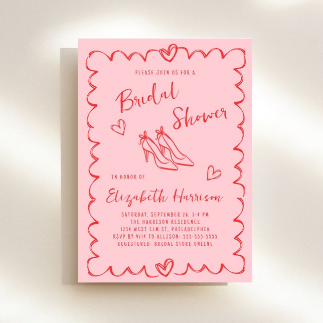 Trendig Rosa Red Vågigt Ram Möhippa Inbjudningar (Whimsical pink + red bridal brunch shower invitation to set the tone for an unforgettable event)