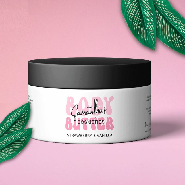 Trendig Rosa Retro Body Butter Burk Wrapper-etiket Vattenflaska Etikett (Trendy pink aesthetic body butter jar wrapper label featuring retro fonts and a modern design)