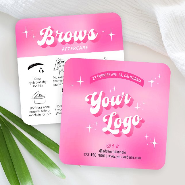 Trendig Rosa Retro Groovy Brows After Care Cards Fyrkantigt Visitkort (Trendy brows care cards with icons, featuring girly pink design, care icons & retro fonts)