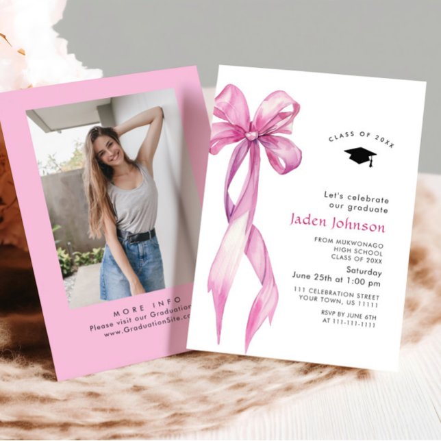 Trendig Rosa ros Bow Ribbon PHOTO Studentfest Inbjudningar (Skapare uppladdad)
