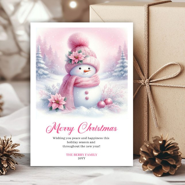 Trendig Rosa Snöman Digital Julscen Kort (Trendy Pink Snowman Digital Christmas Scene Greeting Card

)