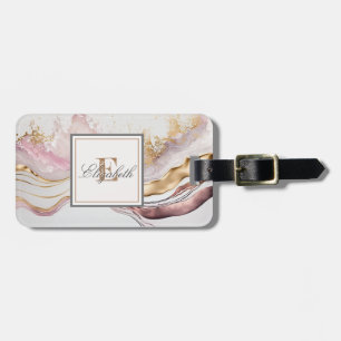 Trendig rosa stenmarmorerad textur, monogram bagagebricka