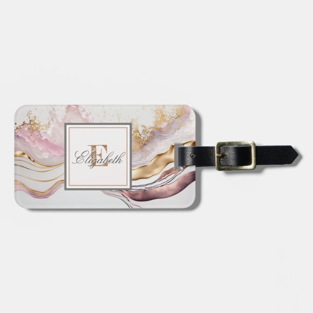 Trendig rosa stenmarmorerad textur, monogram bagagebricka (Horisontell Framsida)