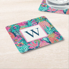 Trendig rosa teal marinblå Pineapple Monogram Underlägg Papper Kvadrat