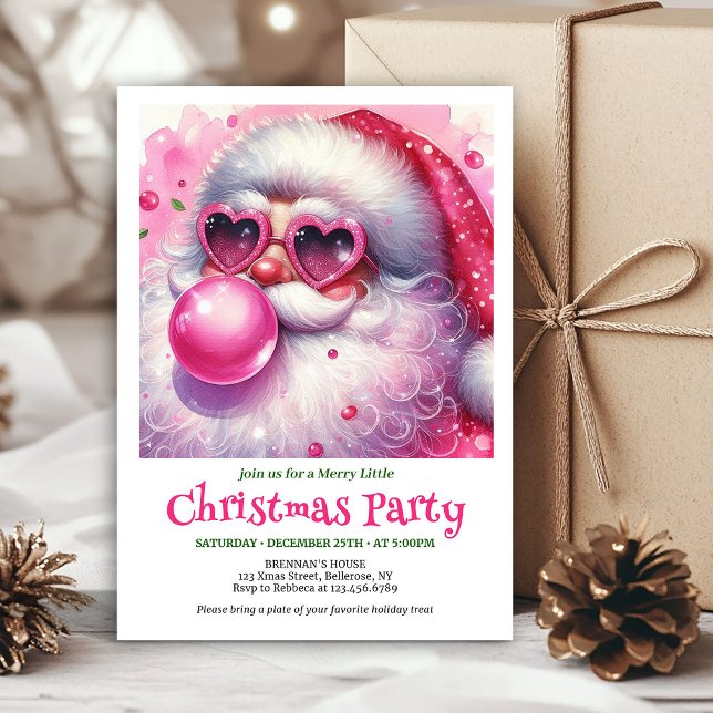 Trendig rosa tomte bubbelgum vattenfärg jul  inbjudningar (Chic pink santa bubble gum watercolor Christmas invite)