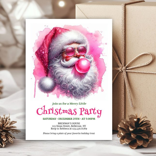 Trendig rosa tomte tuggummi vattenfärg jul  inbjudningar (Chic pink santa chewing gum watercolor Christmas invite)