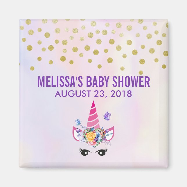 Trendig Rosa Unicorn Confetti & Flowers Baby Showe Magnet (Framsidan)