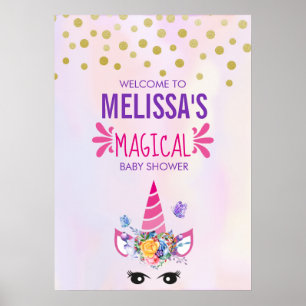 Trendig Rosa Unicorn Confetti & Flowers Baby Showe Poster