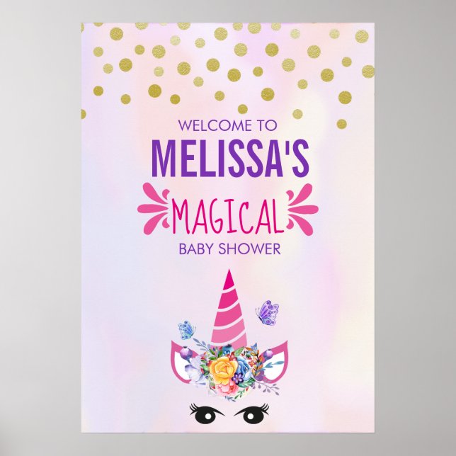 Trendig Rosa Unicorn Confetti & Flowers Baby Showe Poster (Framsidan)