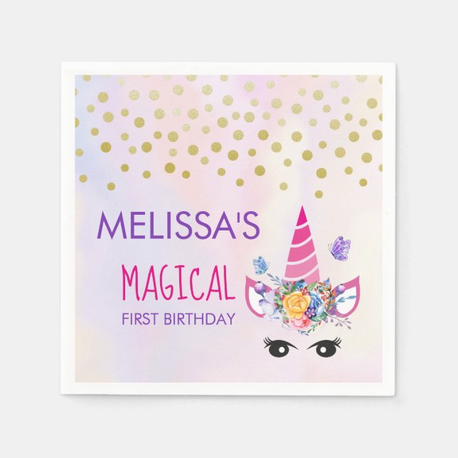 Trendig Rosa Unicorn Confetti & Flowers First Birt Pappersservett (Framsidan)