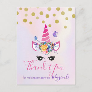 Trendig Rosa Unicorn med Flowers Party Tack Vykort