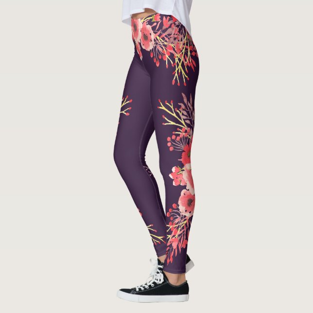 Trendig Rosa Vattenfärgblommor och Lila Leggings (Vänster)