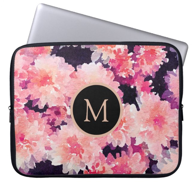 Trendig rosa vattenfärgsmonogram blommönster laptop fodral (Framsidan)