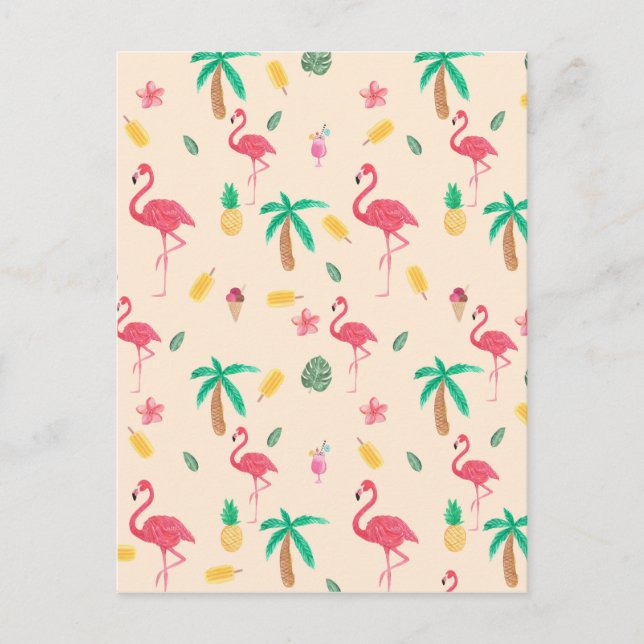 Trendig rosa vattenfärgstropiska flamingo-blommigt vykort (Framsida)
