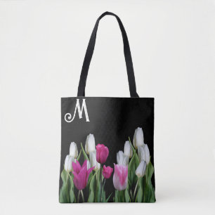 Trendig rosa, vita tulippar blommigt grönt, svart, tygkasse