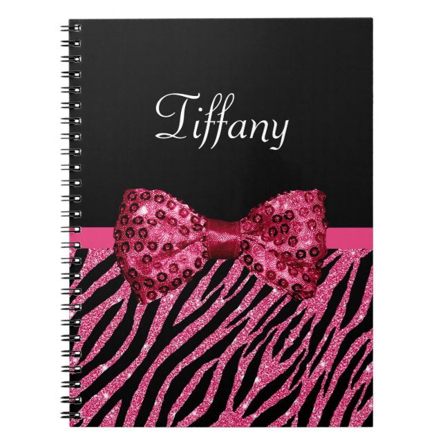 Trendig Rosa Zebra tryck FAUX Glitz Bow med Namn Anteckningsbok (Framsidan)