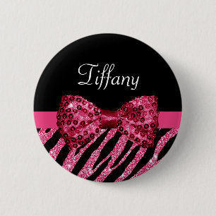 Trendig Rosa Zebra tryck FAUX Glitz Bow med Namn Knapp