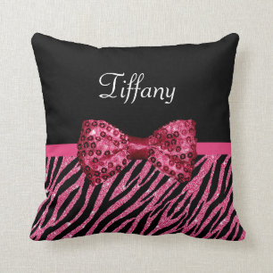 Trendig Rosa Zebra tryck FAUX Glitz Bow med Namn Kudde