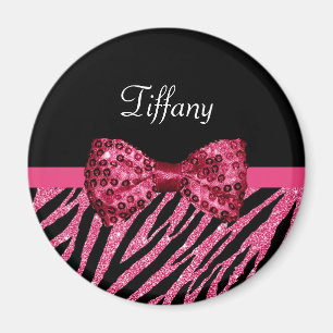 Trendig Rosa Zebra tryck FAUX Glitz Bow med Namn Magnet